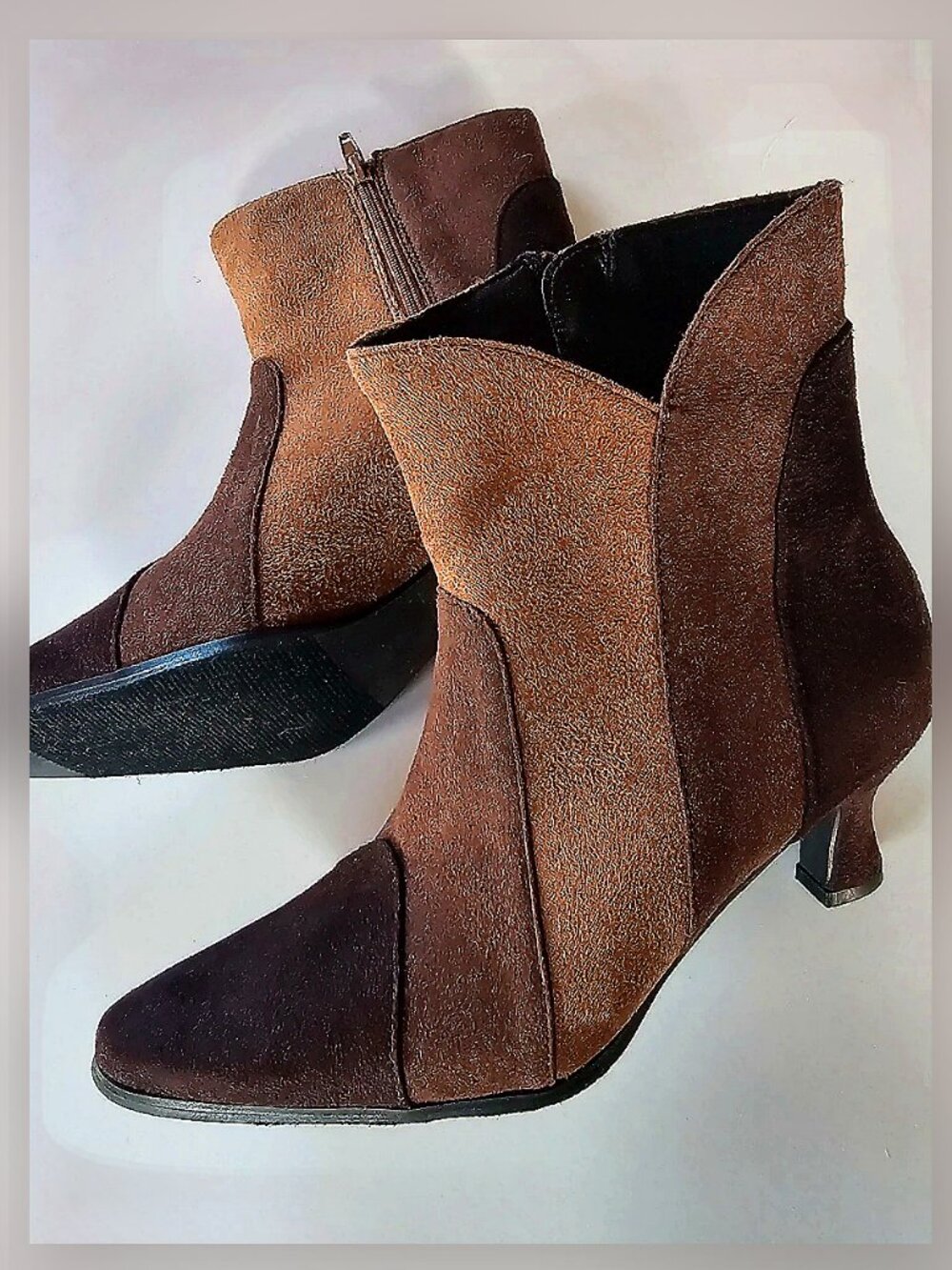 Kitten heel size 7 patchwork ultrasuede brown boots